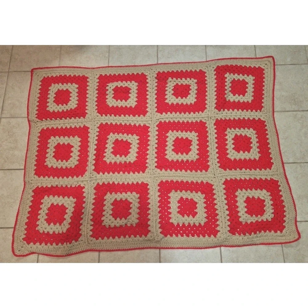 Handmade Crochet Granny Square Afghan Blanket Red Tan Throw 60